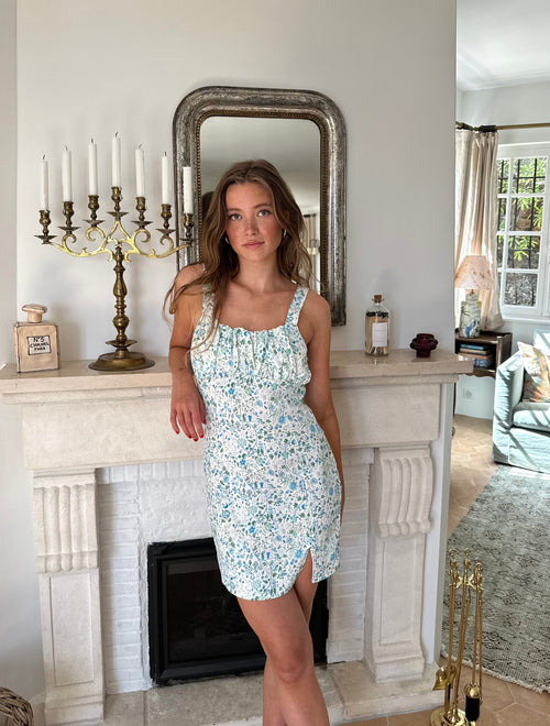 Elvalina dress with flowers - White/Blue