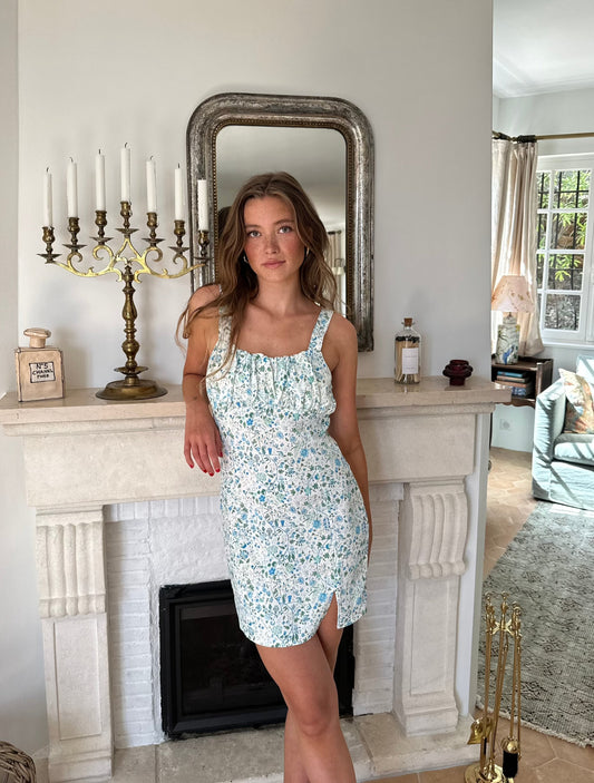 Elvalina dress with flowers - White/Blue