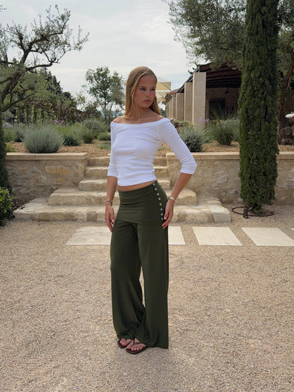 Tula trousers with fold detail and buttons – Khaki