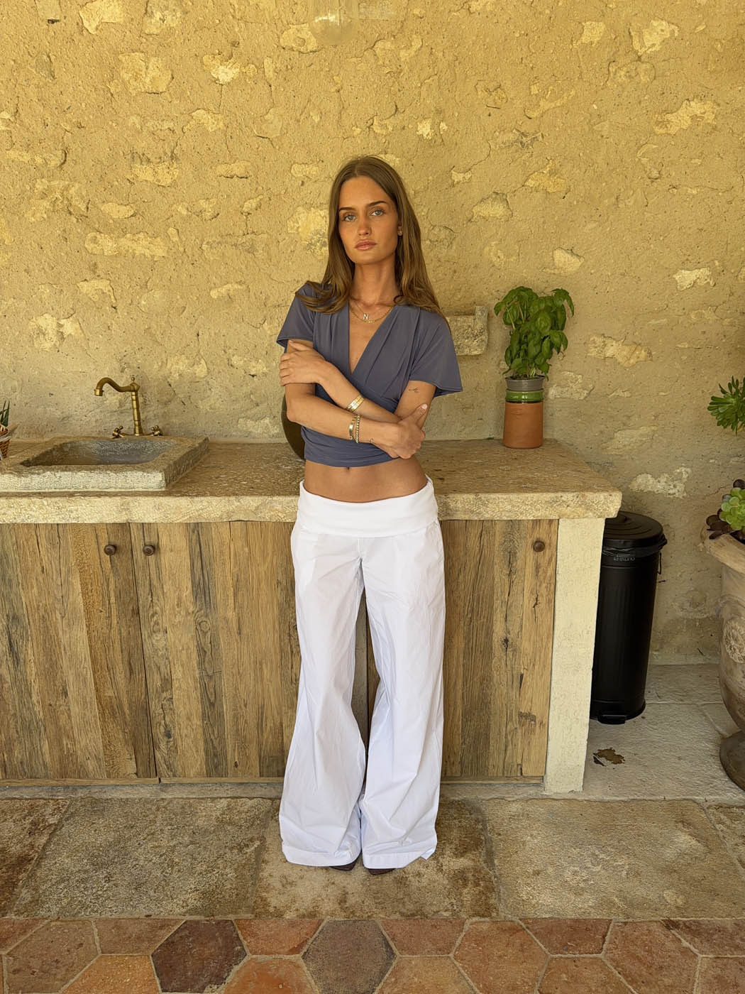 Suza pants with ribbed waist - White