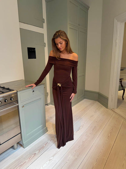 Lea long sleeve dress with gold detail - Brown
